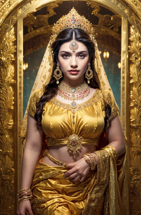 ((Best quality, 8k, Masterpiece :1.3)), Sharp focus :1.2, Generate a realistic image of a beautiful sexy Indian woman plus size body: 8.5 (masterpiece like a princess) (body like divine girl) dressed divine clothes very light lime skirt and print golden br...