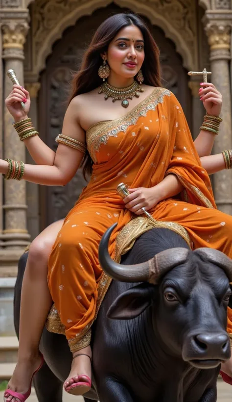 The image you sent appears to be of mythology Hindu devi of sex love wear Orange half topless saree showing her shiny boobs in temple, 30 year old a Hindu goddess known for her sex and erotic. She is often depicted with multiple arms, each holding a weapon...