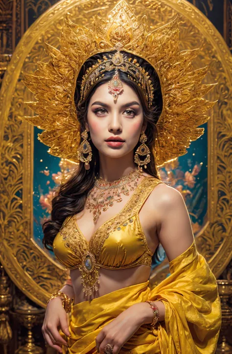 ((Best quality, 8k, Masterpiece :1.3)), Sharp focus :1.2, Generate a realistic image of a beautiful sexy Indian woman plus size body: 8.5 (masterpiece like a princess) (body like divine girl) dressed divine clothes very light lime skirt and print golden br...