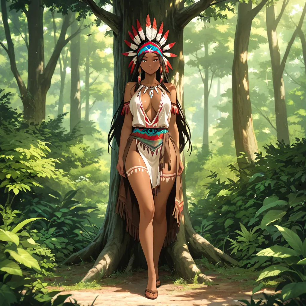 Anime woman in the form of a Native American chief, a large partially naked chest, High quality, high detail, skin slightly sparkles, in thongs ,  juicy thighs, leaned against a tree,  in nature,The sun is shining,
