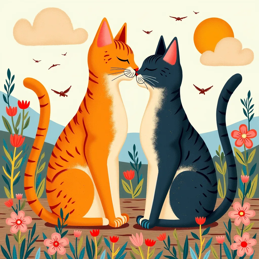 cats, bright country palette, in a bold print style, Alice Patullo, Laurie Hastings, Claire Halifax, Soft, An explosion of wild colors, Beautiful illustrations of miniature and small, painting, template icon. Cats, long necks, tails, women. Cats hugged, ki...