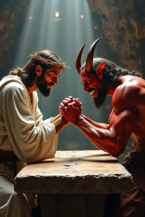 On an ancient stone table, surrounded by a dramatic setting of light and darkness, Jesus Christ, wears a white robe and a crown of thorns , an intense arm-wrestling duel against an imposing demon. The muscles of both are tense, veins popping, as their hand...