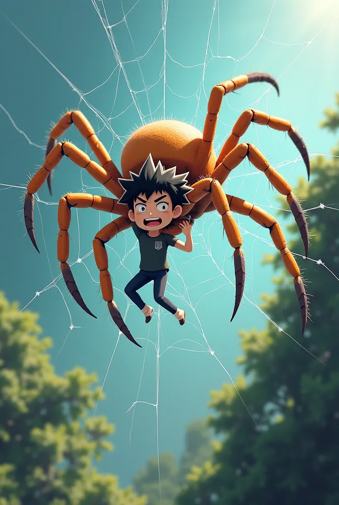 Create a small anime spider and it has spider web but there is a man trapped inside the web and he tries hard to get out but in vain. 