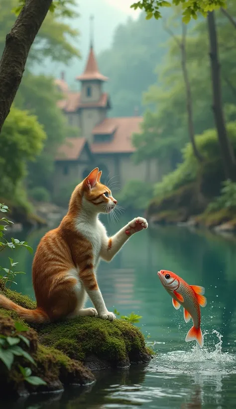 "The brown-and-white cat sits on a moss-covered riverbank, its sharp blue eyes staring at a fish leaping out of the water. The cat playfully reaches out with its paw, as if teasing the fish. Behind them, the thick green forest thrives, standing in contrast...