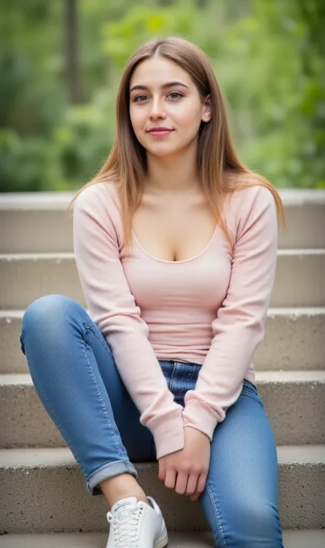 woman sitting on stairs. Has a pink sweater on. A pair of jeans and sneakers style photorealistic,  sharp focus, very detailed,  , daylight, Detail,  full body