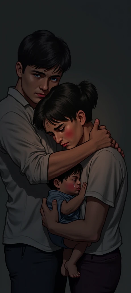 • Scene : Adam is crying and his face is reddened.. The mother holds him in her arms and gently pat him on his back.. . The father stands next to them and looks at them with concern.. 

 • Colors : dark and dark colors reflect sadness and anxiety.. 

• Det...