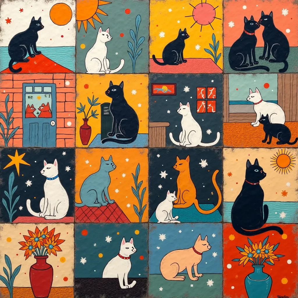 Patchwork in squares, with crumpled paper, rags. Stylized figures, hand-drawn with colored inks and bleach stains mixed with messy oil brushstrokes. Cats on the roofs of houses, on a woman's lap, hugging a woman. Cats facing windows, cats inside vases, cat...