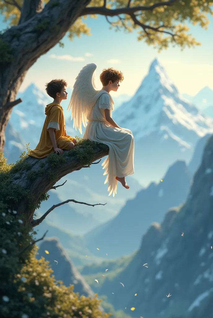 A boy and an angel sitting on a tree branch looking at the mountains on the horizon 