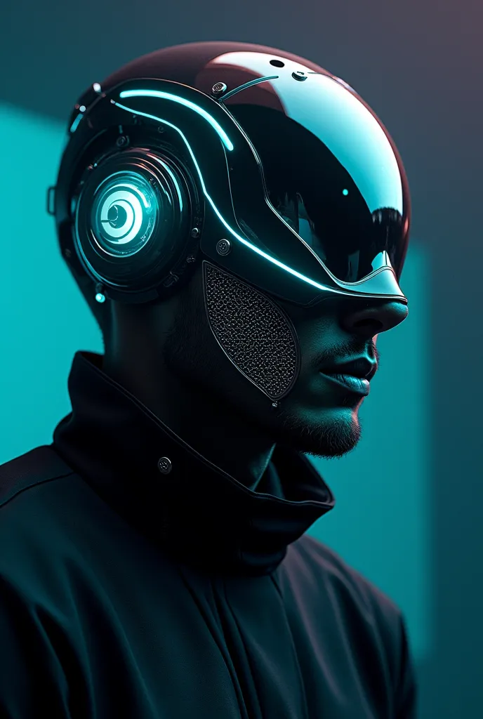 Design a futuristic, sci-fi-inspired mask for a male DJ. The mask should have sleek, angular lines, with a modern, high-tech aesthetic. The overall design should be bold and edgy, with intricate details like metallic accents or glowing elements to enhance ...