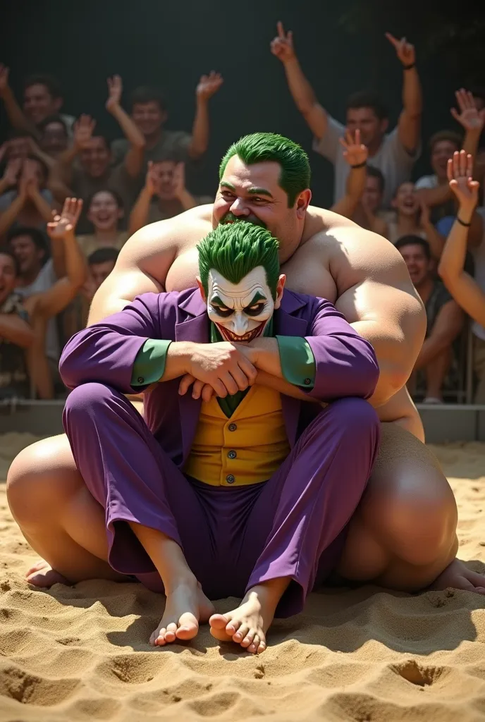 "The sumo wrestler is now sitting on Joker, completely pinning him to the sand-covered ground. Joker’s arms and legs are spread out, his purple suit slightly dirtied with sand, and his face shows exaggerated distress with his eyes wide open and mouth conto...