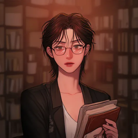 Short black hair, glasses, student, smart, cool, beautiful distance bright lips, 8k quality, books in her hand