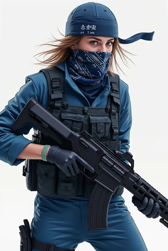 a girl, wearing a dark blue soldier suit, guerrilla fighter ,  Holding a Shotgun (dynamic pose), covering his face with a bandana, pretty, he would be, dynamic pose, flow looking at the spectator, Alta resolución, 