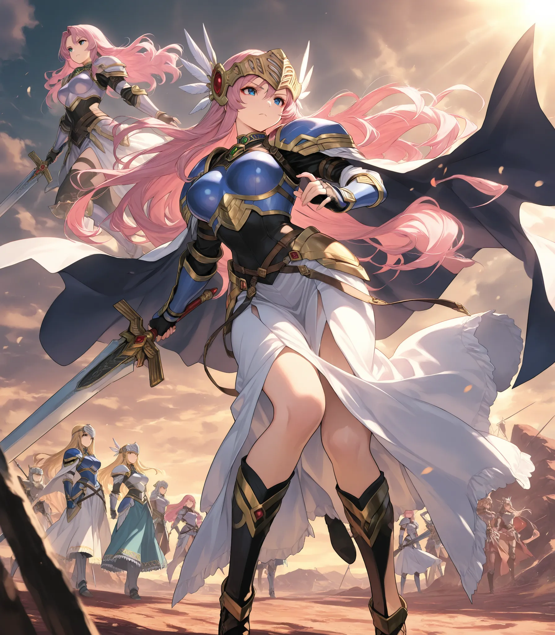 5girls, a group of 5 anime warrior girls valkyries, Valkyrie Profile,large cape, wasteland, Wearing a soft armor,big large bosom (inside armor's breastplate), broadsword on her hand,serious, curvy body, milf's hips, They're cavalry (but rides a wolf), ridi...