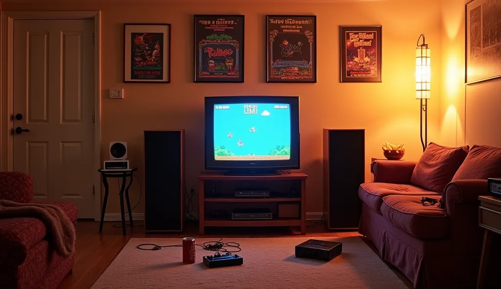 A nostalgic 1980s bedroom or living room with warm, cozy lighting. At the center, a classic CRT television sits on a vintage wooden TV stand, displaying an 8-bit game from the era. Below the TV, a VHS recorder rests, adding to the retro charm. On the floor...