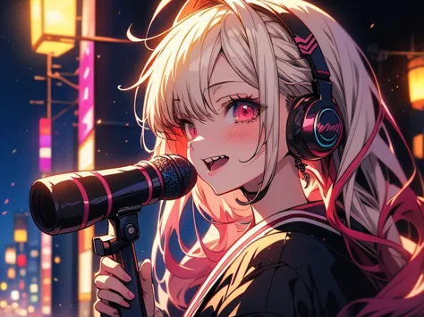 anime girl with headphones and microphone in a city, anime vibes, nightcore, artwork in the style of guweiz, anime style 4 k, anime girl, beautiful anime art style, anime style artwork, anime styled digital art, high quality anime artstyle, anime style. 8k...