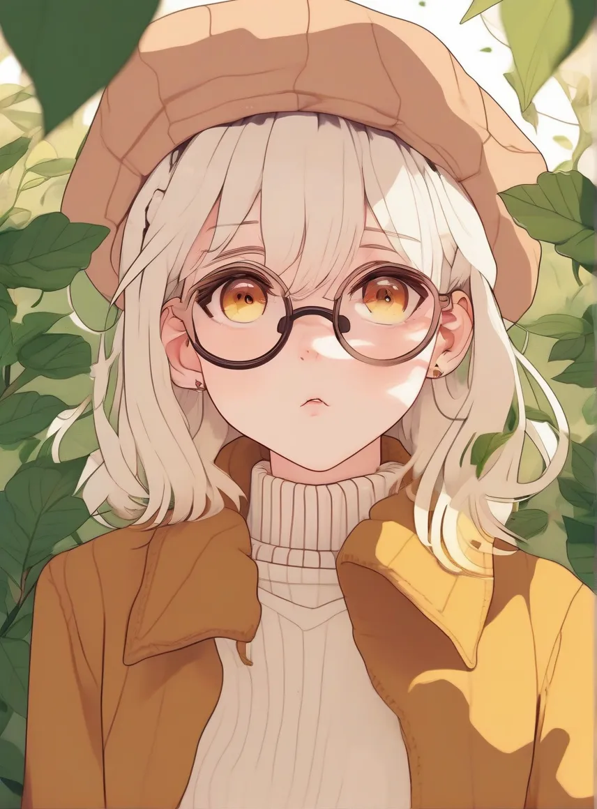 close-up, masterpiece, best quality, Bokeh, cute, 1 girl, Alone, beret, hair clip,  beige hair , Round Glasses, brown jackets, Turtleneck sweater, upper body, watching viewers, yellow eyes, closed my mouth, leaf, white background, plant、Inserting a penis i...