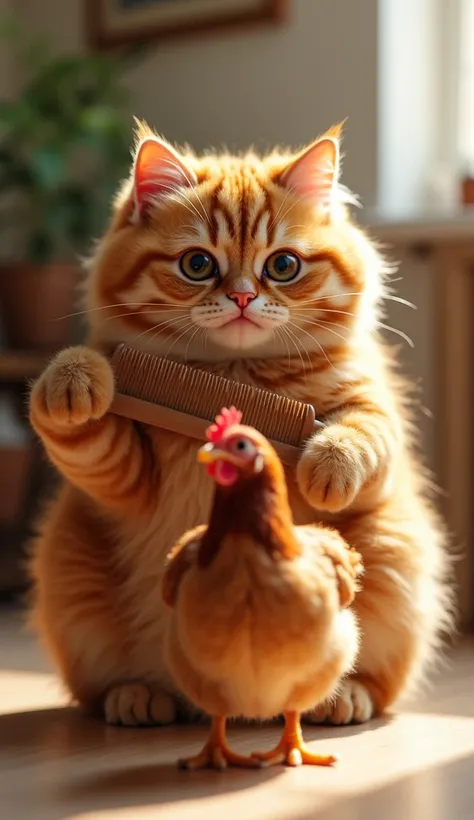 A fluffy fat ginger cat with a playful look and brown eyes is trying to take care of a chicken sitting in front of him. The cat holds a comb in his hand. The room has bright and warm lighting, creating a cozy atmosphere.