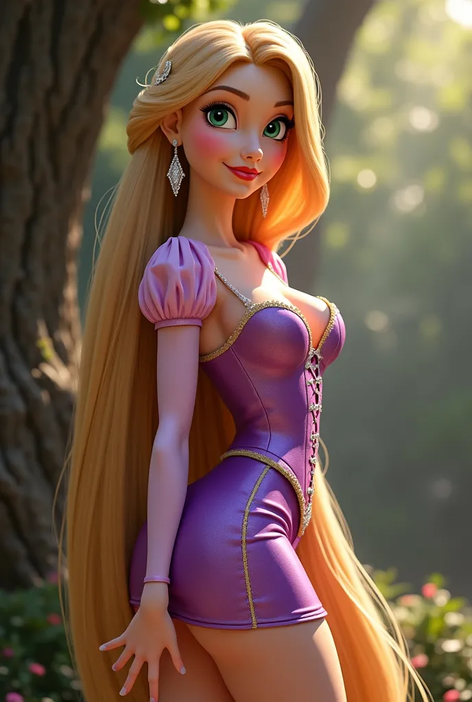 Disney-style Rapunzel , Hair Rapunzel's main feature is her golden-blonde hair. It's smooth and shiny, and often seen flowing freely. Eyes Her large emerald-green eyes are bright and expressive, often reflecting her curiosity and wonder. Complexion Rapunze...