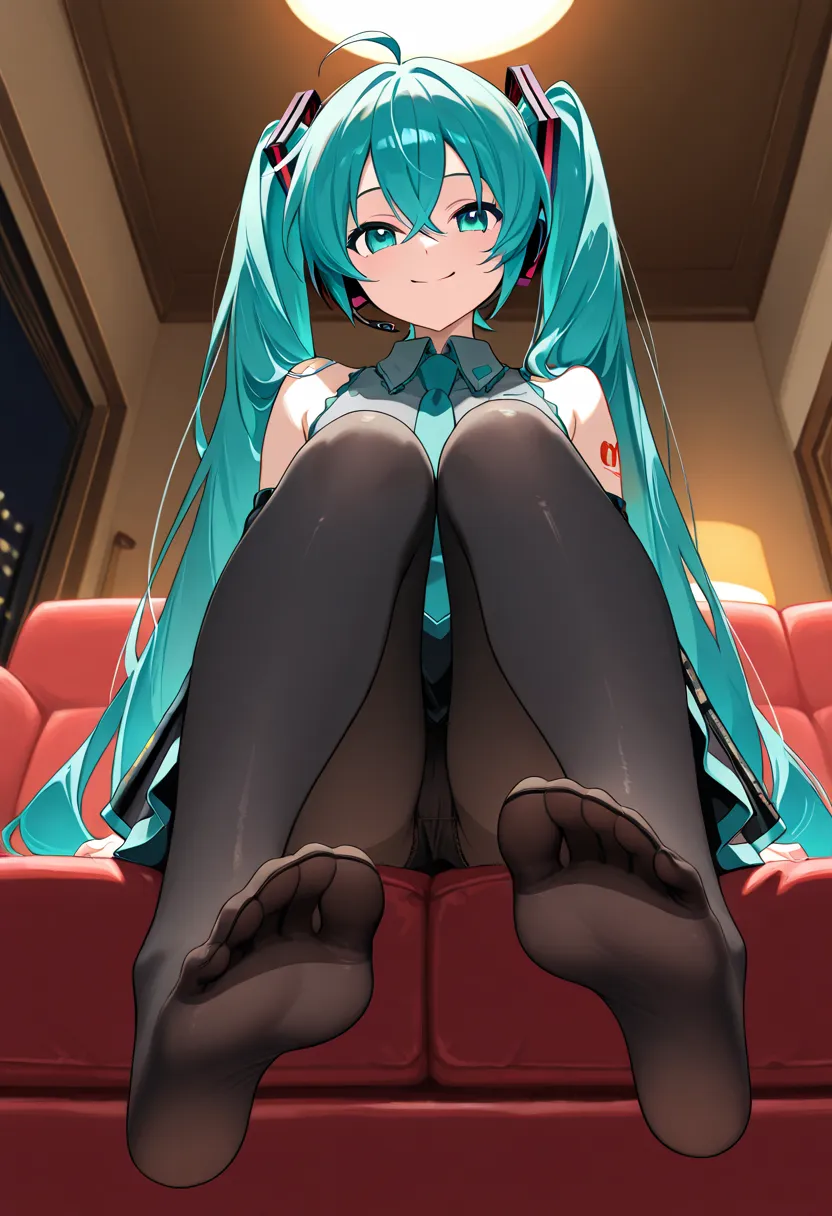 1 girl, miku hatsune, ahoge, aqua eyes, dominant smile, aqua hair, crossed bangs, hair between eyes, hair ornament, headphones, long hair, twintails, skirt, black panties, black pantyhose; view from below, sitting on a red sofa, feet, soles, feet close-up;...