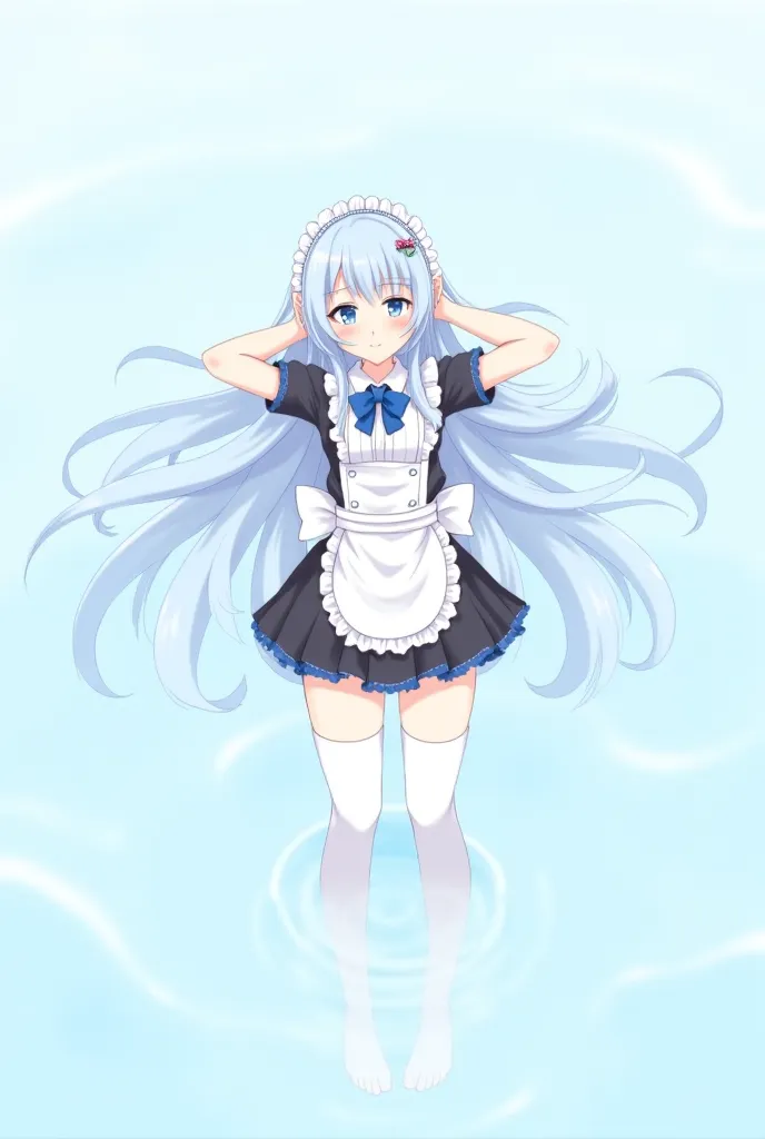 Water 1  , Alone , water \( KONOSUBA\),  long hair, blue eyes,  hair ornament, very  long hair,  blue hair clothing,  hair rings ,  loose hair ring,  collectors , cute maid dress, black and white maid dress,  arms behind the head, armpits,  facing the view...