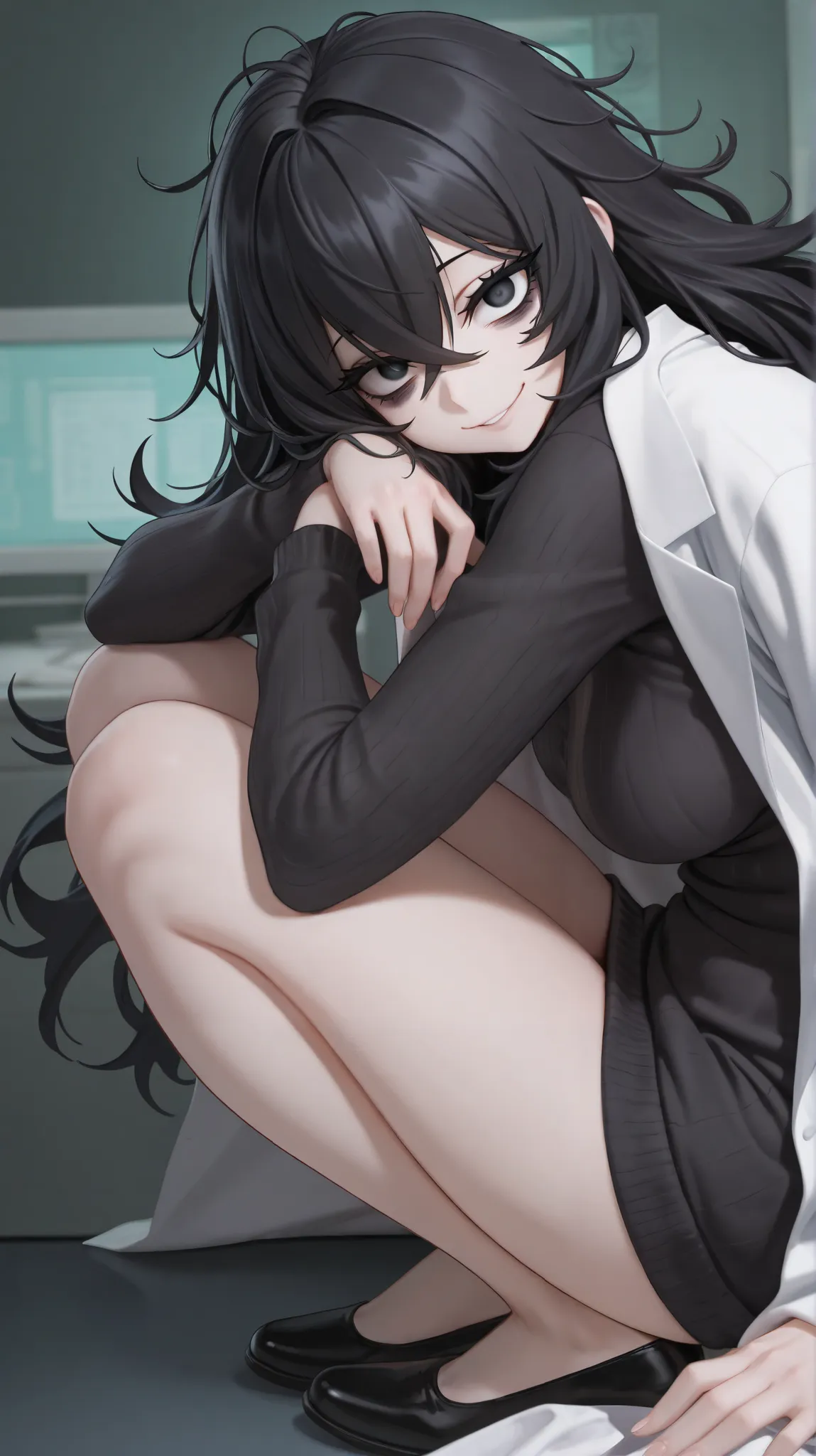 Masterpiece, detailed, high resolution illustration, 1 girl, Mature female, black long hair, hair between eyes, crossed bangs, long eyelashes, black eyelashes, tall, messy hair, smile, bags under eyes, medium breasts, crazy eyes, sweater, lab coat, smile, ...