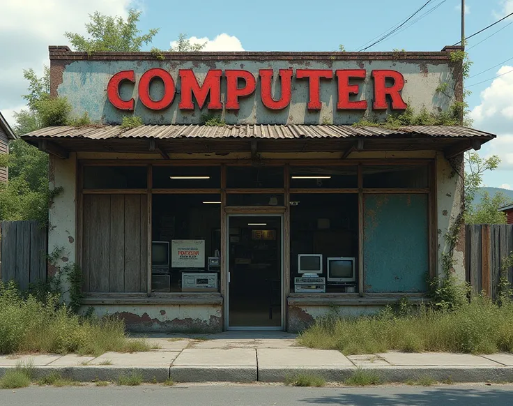 abandoned computer and audio store, whithout people, one flour abandoned building, outside view, outside