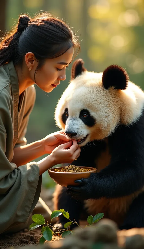 "The woman prepares a special herbal tea using crushed medicinal leaves and honey, pouring it into a small wooden bowl. She gently lifts the panda’s head, allowing it to take slow sips. The warm liquid soothes its throat, its breathing finally steady. The ...