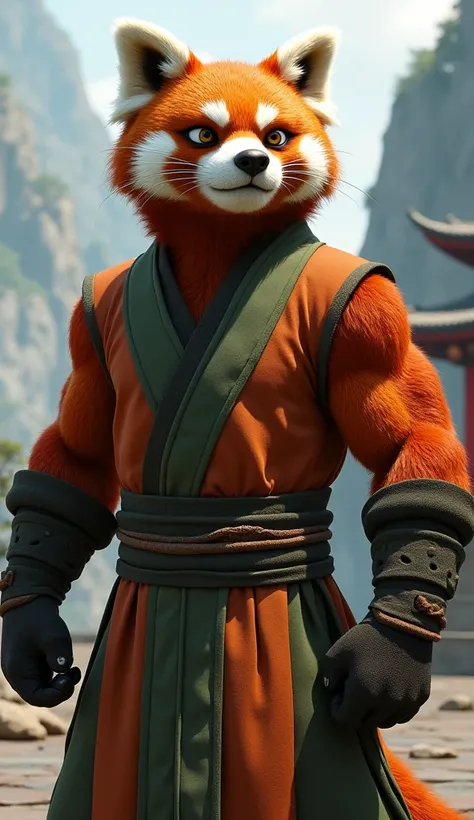 Create an image of Master Shifu, the legendary kung fu master from Kung Fu Panda, reimagined with a muscular physique while maintaining his wise and disciplined demeanor. His red panda fur should be well-groomed, with detailed textures showing his age and ...