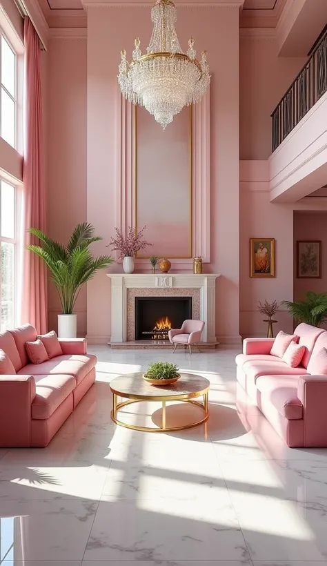 A grand pink-themed living room with high ceilings and a sparkling crystal chandelier. Plush pink velvet sofas with gold-trimmed coffee tables sit on a soft white marble floor. Large windows allow natural light to stream in, highlighting gold-accented deco...