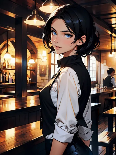 (High Detail: 1.2), anime style, (Best Quality, Detailed), Top Quality, High Resolution, Perfect Human Structure, 1 women, mature women!!!, (Solo), Human, curly haircut, (black hair), (blue Eyes), excited and serious, Gravelly: 1.3, Dark: 1.2, triangle fac...