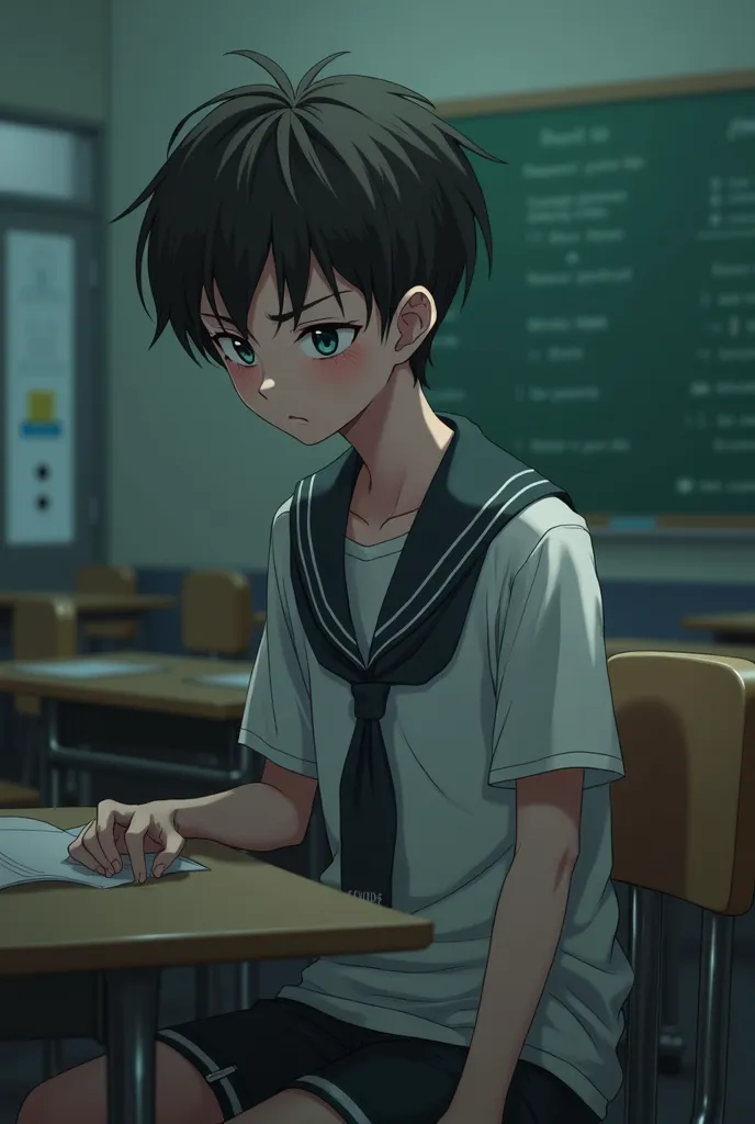 Create an image of a sad anime adolescent boy at school