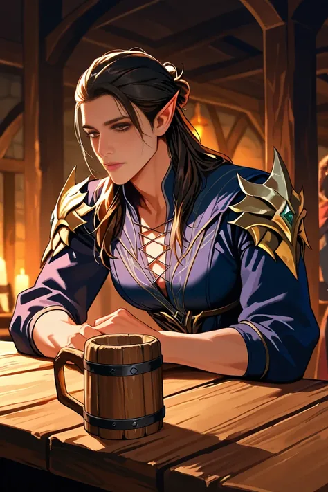 2characters sitting together in a tavern, Lae'zel and Wyll from Baldur's gate3, intricate details, bg3laezel spurring wyllbg3 into drinking more, sitting around a tavern table with multiple empty wooden mugs