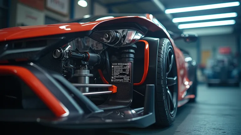 A hyper-realistic close-up of the carbon fiber chassis of the 2025 Honda NSX, showing its intricate details under bright LED lighting in a high-end car garage. The textures and reflections are captured in ultra HD.  
