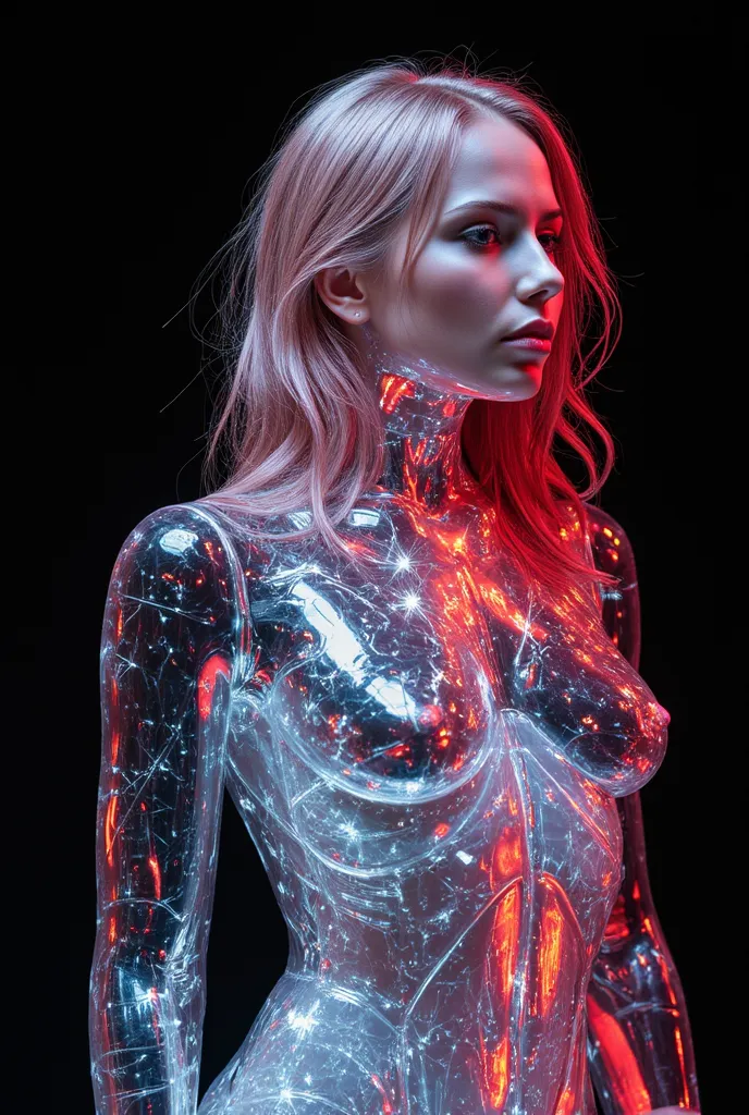 A woman made of glass, With many lights that shine through the glass and a man also made of glass with the same effects but a different glass color.
masterpiece, best quality, Super detailed, hair also made of transparent glass... glowing hair , Full body ...