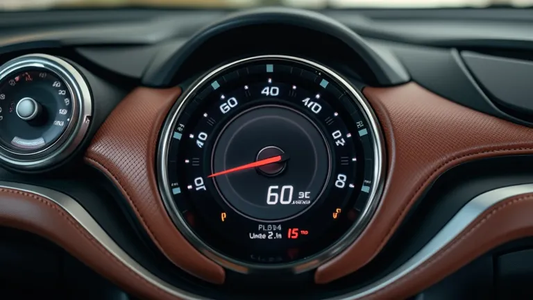 An ultra-HD close-up of the digital speedometer inside the 2025 Honda NSX, showing a rapid acceleration to 60 mph in under 2.9 seconds, with a premium leather and carbon fiber dashboard in the background.  
