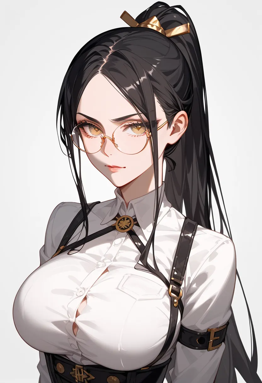  color scheme,girl, black hair, horse hair ,girlบาร์, , gold-bronze eyes,long hair ,ปลาย black hair,ใน gold-bronze eyes,ปลาย black hair,thin,girl,set, ponytail,, put on round glasses,White Shirt,, Long Sleeve Shirt,Fierce face,G cup breast,Fierce face,Poin...