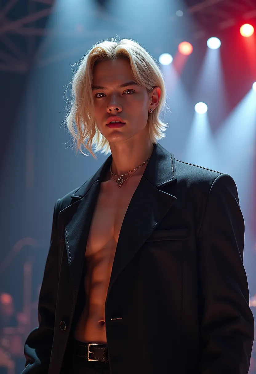  a 20-year-old man , defined body, Oriental, androgynous, delicate traces, shoulder-length hair and blond, almond-shaped light brown eyes and large, well-designed lips, long eyelashes, detailed facial features, fair skin, round face, very beautiful, modern...