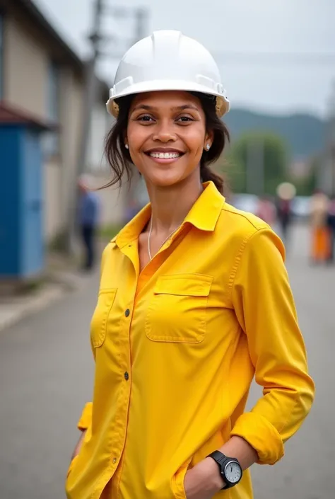 Voici la photo de la personne en question.Je veux que tu génères une photo de cette personne. Je vais te montrer maintenant le style que je souhaite.Veste jaune et casque de chantier blanc, tenue décontractée 