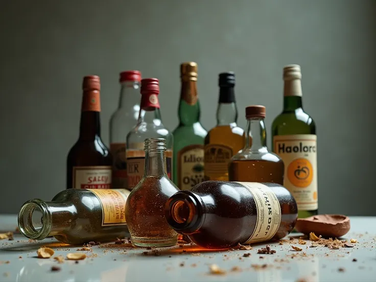 create me a realistic image of lots of empty alcohol bottles