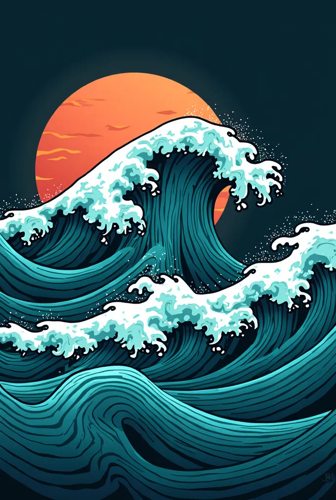 Create an ocean wave design that is vibrant and detailed, suitable to be printed on a shirt. The waves must be flowing, with natural and dynamic curves, like real sea waves, showing movement and depth. The background will be dark ocean blue, and the waves ...