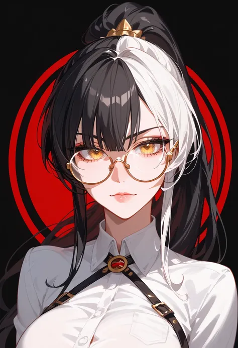  color scheme,girl, black hair, horse hair ,girlบาร์, , gold-bronze eyes,long hair ,ปลาย black hair,ใน gold-bronze eyes,ปลาย black hair,thin,girl,set, ponytail,, put on round glasses,White Shirt,, Long Sleeve Shirt,Fierce face,G cup breast,Fierce face,Poin...