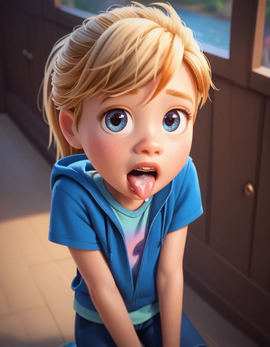 riley andersen from inside out 2,sexy,ultra-detailed, 8K, UHD, HD, high resolution, sharp focus, crisp details, best quality, girl, ponytail, looking at the viewer, (((young girl))), overhead view, on her knees, open mouth,tongue out, with cum on her mouth