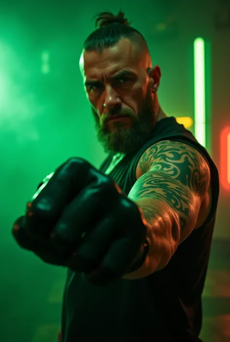 1 regular man, 40yo, tattooed, he shows his right fist, with a black latex glove to the camera.
Background: green lighting, with neon lights.
