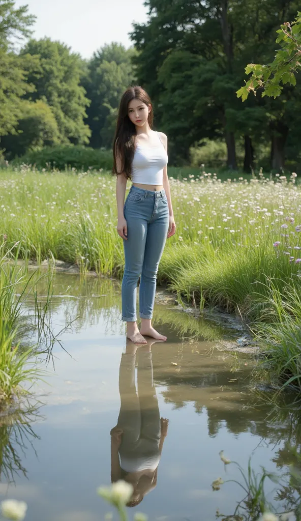 Girl in tight jeans in an elastic pond standing on the shore of a lake with grass flowers