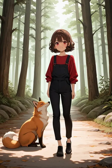 Curls brown hair female red top with a fox black pants 