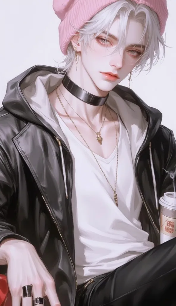 ( nonsense,    high definition ,    Details ),solo, looking at viewer, short hair, shirt, 1boy, hat, hair between eyes, jewelry, sitting, collarbone, jacket, upper body, white hair, male focus, food, hood, necklace, black jacket, tank top, bandaid, (cigare...