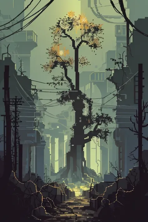 pixelart, underground tunel, ruin，entangled tree roots of dead bodies，mutants eyes in the dark, various plants, cables, electric wiring，After the end of the world, ruins, darkness, eyes in the dark, danger zone, mutants lurking, golden particles flying aro...