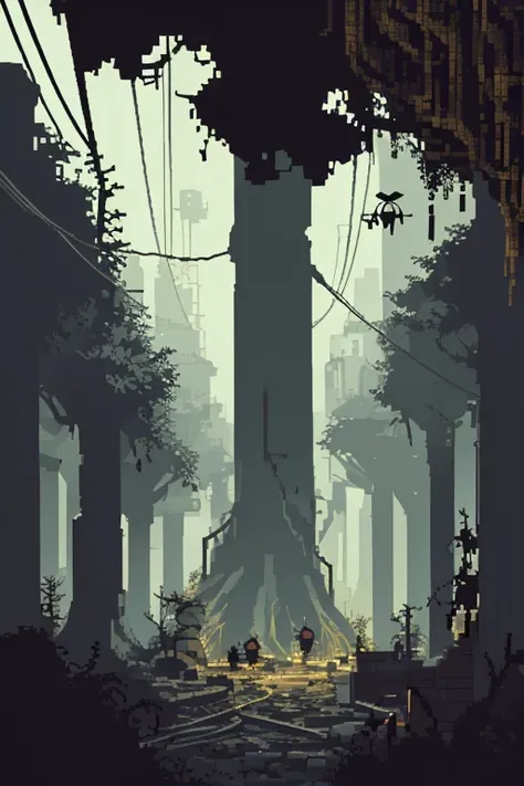 pixelart, underground tunel, ruin，entangled tree roots of dead bodies，mutants eyes in the dark, various plants, cables, electric wiring，After the end of the world, ruins, darkness, eyes in the dark, danger zone, mutants lurking, golden particles flying aro...