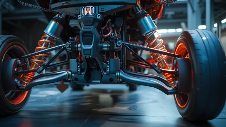 A hyper-realistic cinematic shot of the 2025 Honda NSX’s suspension system, with a semi-transparent overlay showing the advanced adaptive dampers, captured in a high-tech garage.  
