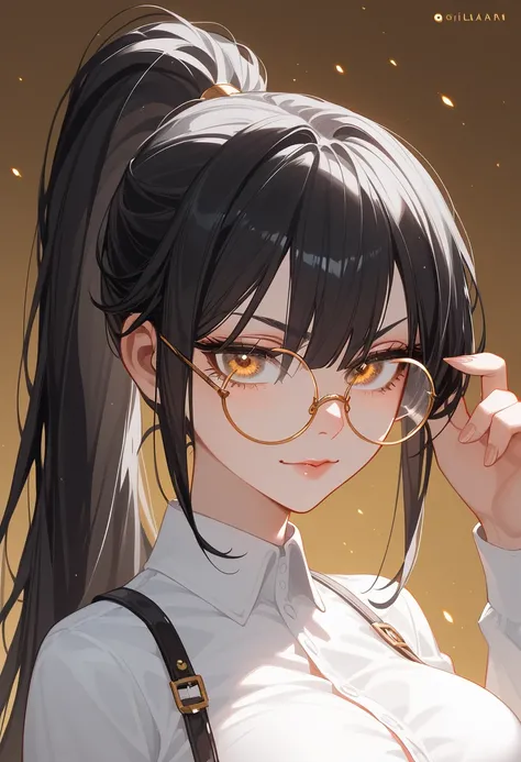  color scheme,girl, black hair, horse hair ,girlบาร์, , gold-bronze eyes,long hair ,ปลาย black hair,ใน gold-bronze eyes,ปลาย black hair,thin,girl,set, ponytail,, put on round glasses,White Shirt,, Long Sleeve Shirt,Fierce face,G cup breast,Fierce face,Poin...